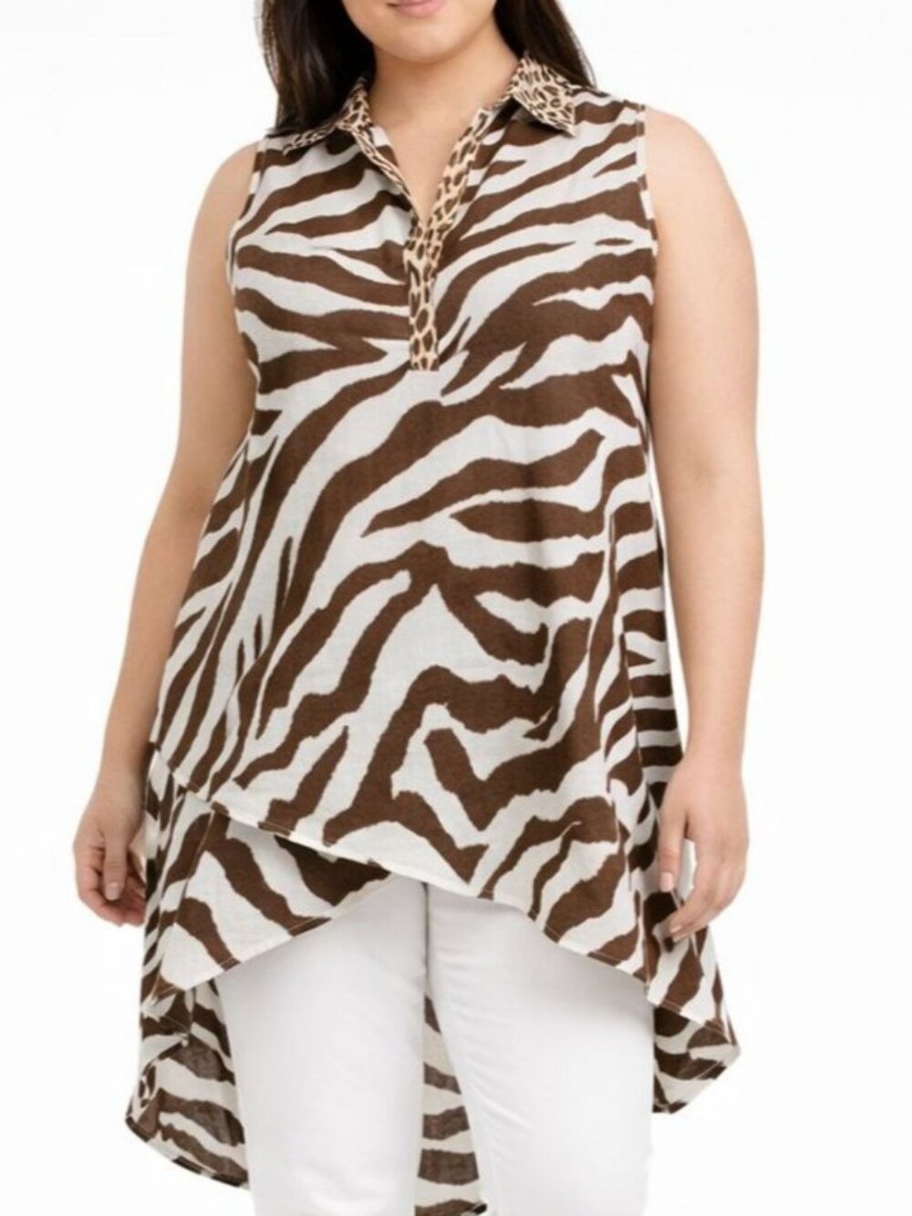 Chicos Womens No-Iron Linen Animal Tunic Brown Zebra Asymmetric Hem Size 3P | XL